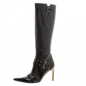 Pre Owned حذاء بوت ديور مرتفع للركبة مقدمة مدببة فاصيل حلقات جلد أسود مقاس 40.5