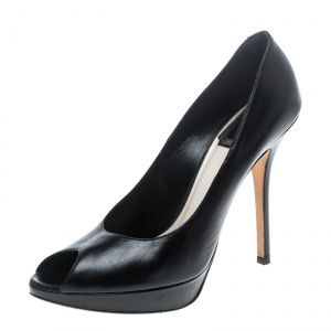 مملوكة مسبقًا Dior Black Leather Miss Dior Peep Toe Platform Pumps Size 37.5
