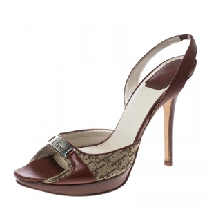 Dior Brown Leather and Diorissimo Canvas Platform Slingback Sandals Size 39