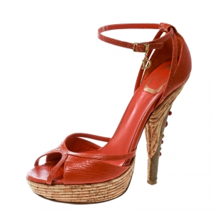 Dior Orange Embossed Lizard Leather Chain Embellished Cork Heel Peep Toe Platform Sandals Size 39