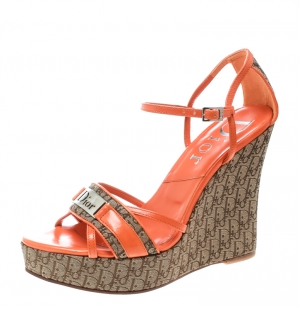 Dior Orange Leather and Diorissimo Canvas Wedge Sandals Size 36.5