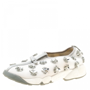 Pre Owned حذاء رياضي ديور سليب أون مزخرفة ترتر زهور فوشيون شبك أبيض مقاس 39
