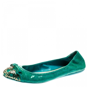 Pre Owned Dior Green Cannage Leather Icon Metal Cap Toe Bow Scrunch Ballet Flats Size 38.5