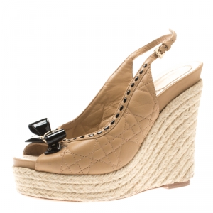 Dior Beige Cannage Leather Espadrille Wedge Peep Toe Slingback Platform Sandals Size 38
