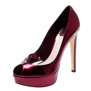 Pre Owned Dior Metallic Burgundy Leather And PVC Rose Detail Peep Toe Platform Pumps Size 38