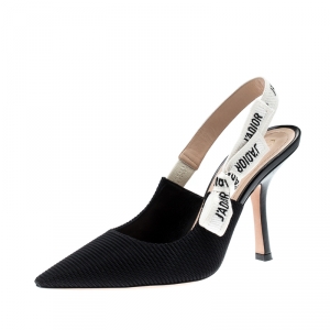 Dior Black Canvas J'adior Ribbon Pointed Toe Slingback Sandals Size 38 