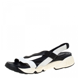 Dior Black/White Leather Cross Strap Slingback Flat Sandals Size 36.5