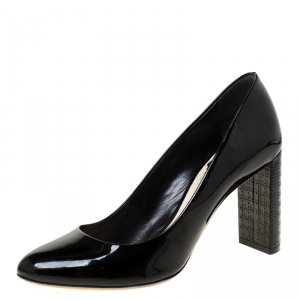 Pre Owned  Dior Black Patent Leather Cannage Block Heel Pumps Size 37