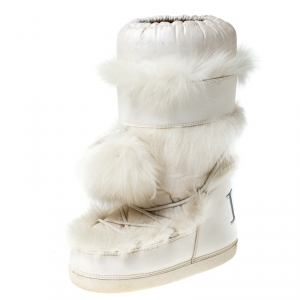 Pre Owned Dior White Leather and Fur Lace Up Snow Boots Size 35