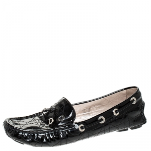Dior Black Cannage Patent Leather Bow Loafers Size 37
