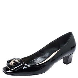 Pre Owned Dior Black Patent Leather Bow Block Heel Square Toe Pumps Size 40