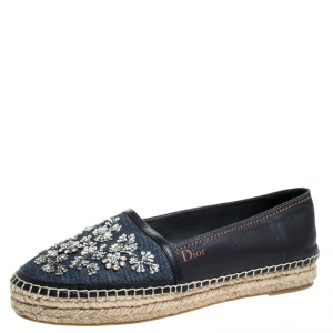 Dior Black Leather And Blue Denim Embroidered Espadrilles Loafers Size 39