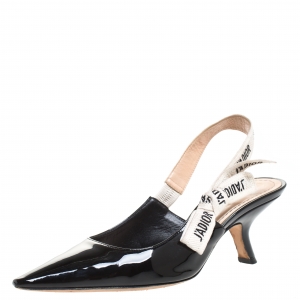 Dior Black Patent Leather And J'adior Canvas Ribbon Pointed Toe Slingback Sandals Size 37.5
