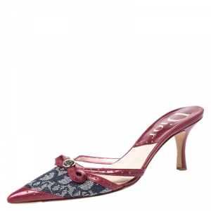 Dior Red Leather and Blue Canvas Monogram Pointed Toe Slide Mules Size 35