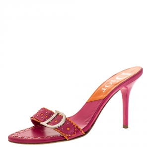 Dior Pink/Orange Leather Studded Logo Detail Slide Sandals Size 37