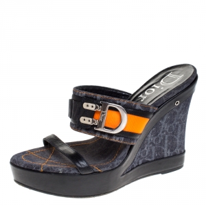 Dior Tri Color Leather and Canvas Open Toe Platform Wedge Sandals Size 39