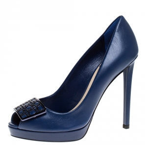 مملوكة مسبقًا Dior Blue Leather Cannage Plaque Peep Toe Platform Pumps Size 36