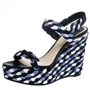 Dior Tri Color Braided Fabric and Leather Open Toe Wedge Sandals Size 40