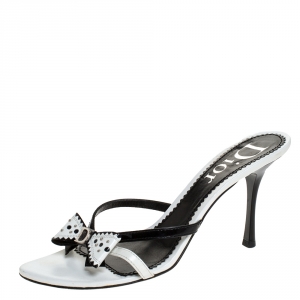 Christian Dior White/Black Leather And Patent Studded Logo Bow Slides Size 39
