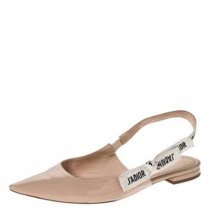 مملوكة مسبقًا Dior Beige Patent Leather J'adior Slingback Flat Sandals Size 38.5