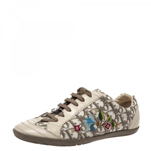 Pre Owned Dior Cream Leather And Floral Embroidered Canvas Lace Up Sneakers Size 40.5