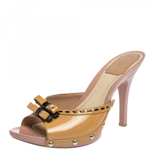 Dior Brown Patent Leather Bow Peep Toe Sandals Size 37.5 