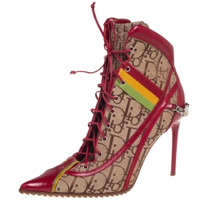 Pre Owned Dior Beige/Red Leather And Canvas Monogram Rasta Ankle Boots Size 36.5