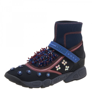 Pre Owned Dior Black/Blue Embellished Fabric Techno Fusion High Top Sneakers Size 40