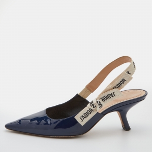 Dior Navy Blue Patent Leather J'adior Pointed Toe Slingback Pumps Size 38