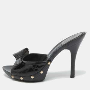 Dior Black Cannage Patent Leather Bow Slides Size 37