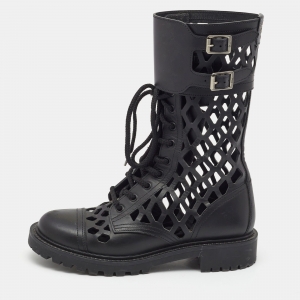 Dior Black Leather Laser cut Accents Combat Boots Size 37