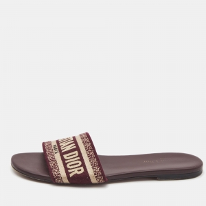 Dior Burgundy/White Leather and Canvas Dway Flat Slides Size 38  