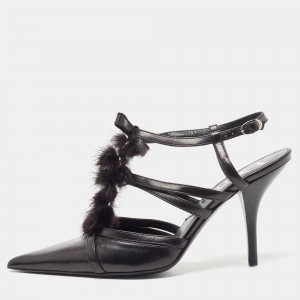 Pre Owned Dior Black Leather and Mink Fur Slingback Pumps Size 38