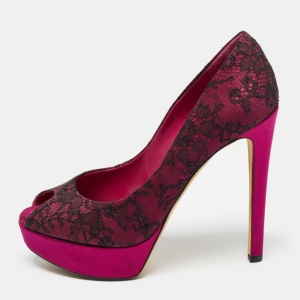 Dior Purple/Black Satin and Lace Peep Toe Platform Pumps Size 39