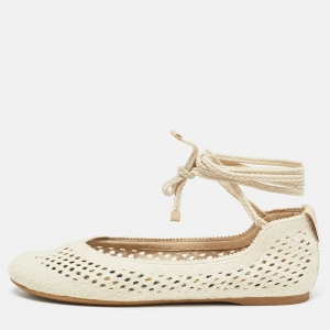 مملوكة مسبقًا Dior Cream Technical Fabric Poeme Ankle Wrap Ballet Flats Size 37