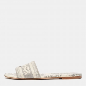 مملوكة مسبقًا Dior Grey/Off White Embroidered Canvas Dway Flat Slides Size 37