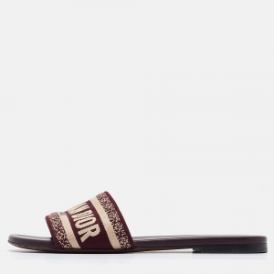 Dior Burgundy/Beige Canvas Dway Flat Slides Size 36