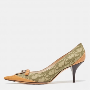 Dior Green/Tan Oblique Canvas and Leather Dior Charm Pumps Size 38