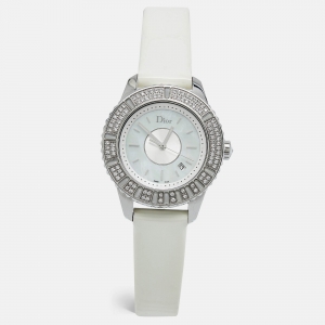 Dior Mother of Pearl Stainless Steel Leather Diamond  Christal  CD11311C Women's Wristwatch 33 mm