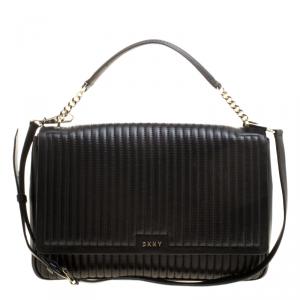 Pre Owned  DKNY Black Pinstripe Quilted Leather Large Gansevoort Flap Shoulder Bag 