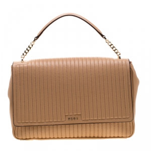 Pre Owned  DKNY Beige Pinstripe Quilted Leather Large Gansevoort Flap Shoulder Bag 