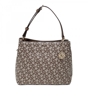 Pre Owned Dkny Brown/Beige Signature Coated Canvas and Leather Bryant Bucket Bag