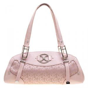Pre Owned DKNY Metallic Pink Lizard Embossed Leather and Canvas Satchel