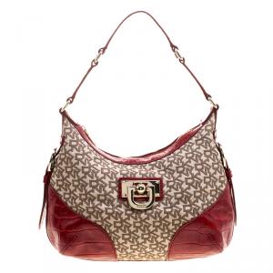 مملوكة مسبقًا DKNY Beige and Red Signature Canvas and Crocodile Embossed Leather Hobo