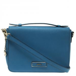 Pre Owned DKNY Blue Saffiano Leather Flap Shoulder Bag