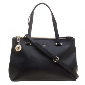 Pre Owned DKNY Black Leather Medium Bryant Park Double Zip Shopper Tote