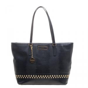 Pre Owned DKNY Navy Blue Lizard Embossed Leather Studded Zip Tote with Wallet