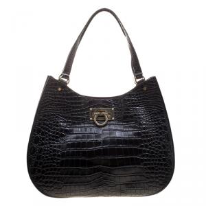 مملوكة مسبقًا DKNY Black Croc Embossed Leather Hobo