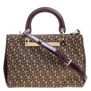Pre Owned DKNY Beige/Burgundy Signature Canvas Tote