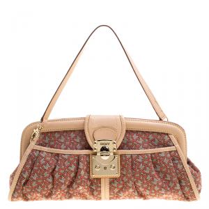 Pre Owned DKNY Red/Grey Monogram Canvas and Leather Trim Shoulder Bag